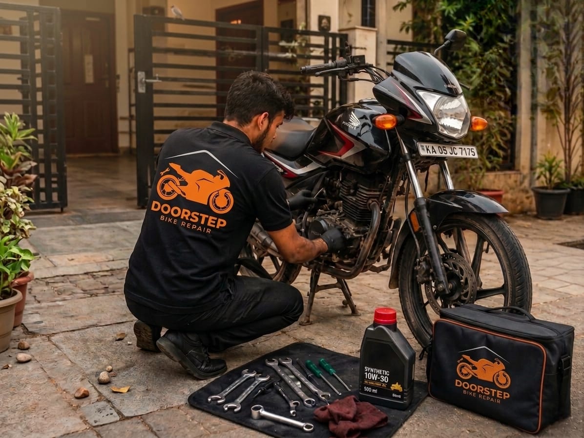 Certified bike mechanic in Bangalore performing doorstep bike repair at a customer's home